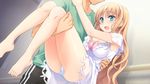  1boy 1girl astraythem barefoot blonde_hair dress feet game_cg ginta green_eyes long_hair panties sakurazuka_natsuki toes underwear wallpaper 