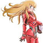  aqua_eyes armor blonde_hair bodysuit cowboy_shot france french_flag gauntlets gloves headwear_removed helmet helmet_removed kiichi long_hair looking_at_viewer red_armor rocket_girls simple_background solange_arnoul solo spacesuit standing white_background 