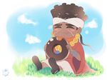  black_hair blue_sky blush border chibi closed_eyes cloud dark_skin dark_skinned_male day doughnut eating eyebrows facial_mark food grass headband higeneko_(pluie) jewelry jojo_no_kimyou_na_bouken male_focus mohammed_avdol necklace oversized_object ponytail robe signature sitting sky solo thick_eyebrows white_border 