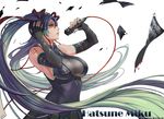  artist_name beamed_eighth_notes blue_hair breasts character_name cleavage detached_sleeves elbow_gloves fingerless_gloves gloves green_eyes gtunver hatsune_miku highres large_breasts lips long_hair microphone musical_note nail_polish quarter_note sheet_music skirt solo tears treble_clef twintails very_long_hair vocaloid 