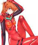  arm_support arm_up bangs blue_eyes blush bodysuit bracer breasts from_side gloves hair_between_eyes hand_on_own_head headgear knee_up long_hair looking_to_the_side neon_genesis_evangelion number ogros orange_hair parted_lips plugsuit simple_background sitting small_breasts solo souryuu_asuka_langley turtleneck 