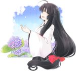  ahoge black_hair brown_eyes day flower hydrangea japanese_clothes kantai_collection kenoka long_hair looking_at_viewer low-tied_long_hair open_mouth plant ponytail rain ribbon shouhou_(kantai_collection) sky solo very_long_hair 