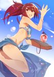  bikini blazblue blazblue:_chronophantasma celica_a_mercury cloud cup day groin hyakuhachi_(over3) midriff navel orange_eyes ponytail red_hair skirt sky solo swimsuit tray 