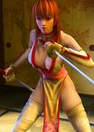  3d 3dbabes breasts cleavage dead_or_alive expressionless fighting_stance highres kasumi_(doa) large_breasts ninja solo sword thighhighs weapon 