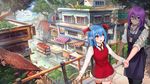  akizone apron awning blue_hair blush cable_car city dappled_sunlight day dress glasses guard_rail head_wings highres holding_hands landscape multiple_girls original outdoors pointy_ears purple_hair railing red_eyes sleeves_rolled_up sunlight thighhighs tree wallpaper 