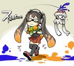  &gt;_&lt; :3 animal animalization asanagi black_hair black_legwear closed_eyes domino_mask hair_ribbon holding inkling kantai_collection long_hair mask monster_girl paint paint_splatter ribbon shoukaku_(kantai_collection) skirt splatoon_(series) splatoon_1 splattershot_(splatoon) squid tentacle_hair thighhighs twintails zettai_ryouiki zui_zui_dance zuikaku_(kantai_collection) 