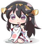  :3 bare_shoulders black_hair cat chibi detached_sleeves haruna_(kantai_collection) headgear kantai_collection long_hair nontraditional_miko open_mouth ribbon-trimmed_sleeves ribbon_trim simple_background solo tsukko_(3ki2ne10) twitter_username white_background wide_sleeves 