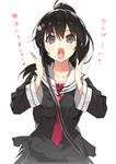  black_hair check_translation flower hair_flower hair_ornament long_hair long_sleeves nauribon open_mouth ponytail school_uniform solo translation_request white_background 