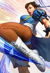  artist_request ass black_legwear boots bracelet breasts brown_eyes brown_hair brown_legwear bun_cover china_dress chinese_clothes chun-li cross-laced_footwear double_bun dress highres jewelry lace-up_boots large_breasts official_art pantyhose pelvic_curtain sash solo spiked_bracelet spikes street_fighter street_fighter_v thick_thighs thighs white_footwear 