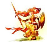 armlet bare_shoulders belt black_gloves boots breastplate elbow_gloves forehead_protector full_body gloves gorget greaves green_eyes high_heel_boots high_heels highres iesupa long_hair midriff milo_and_akouo one_knee polearm ponytail pyrrha_nikos red_hair rwby sarong shield skirt solo spear vambraces weapon wind 
