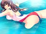  1girl ass back blush breasts brown_hair female floating game_cg highres large_breasts legs long_hair looking_back marushin_(denwa0214) naughty_face orange_eyes pool shinohara_katsumi smile solo supokon!_sports_wear_complex sweat swimsuit thighs water wet wet_clothes 