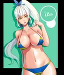  artist_name bikini breasts cleavage collarbone earrings hair_ribbon highres ibee jewelry large_breasts long_hair looking_to_the_side multicolored multicolored_bikini multicolored_clothes multicolored_stripes navel open_mouth original ponytail ribbon silhouette solo striped swimsuit white_hair yellow_eyes 