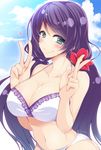  bikini blush breasts cleavage cloud day double_v flower green_eyes hair_flower hair_ornament heart large_breasts long_hair love_live! love_live!_school_idol_project low_twintails miyashiro_sousuke purple_hair sky smile solo swimsuit toujou_nozomi twintails v white_bikini 