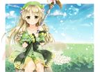  atelier_(series) atelier_ayesha ayesha_altugle blonde_hair blush bow day feathers flower green_skirt hair_flower hair_ornament hat iris_yayoi long_hair skirt sky smile solo staff wrist_cuffs yellow_eyes 