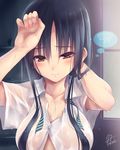  armpit_peek black_hair breasts brown_eyes fukai_ryousuke large_breasts long_hair no_bra original school_uniform signature solo spoken_blush upper_body wet wet_clothes 