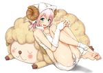  animal_costume animal_ears ass barefoot blush breasts bridal_gauntlets cat_ears fingerless_gloves full_body ganari_ryuu gloves green_eyes headphones headset horns large_breasts long_hair looking_at_viewer open_mouth original panties panty_peek pink_hair sheep sheep_costume sheep_horns simple_background smile solo striped striped_panties super_tama_musume tamatoys textless toes underwear white_background 