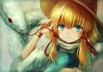  blonde_hair blue_eyes blush hair_ribbon hat highres maho_moco mishaguji moriya_suwako ribbon short_hair snake solo tears tongue touhou 