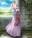  blonde_hair blue_eyes child day dress full_body gloves hat highres instrument long_dress ocarina pointy_ears princess_zelda sky smile solo the_legend_of_zelda the_legend_of_zelda:_ocarina_of_time wasabi_(legemd) young_zelda younger 