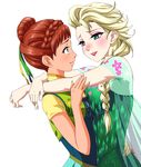  anna_(frozen) arm_around_waist blonde_hair blue_eyes bodice braid breast_press breasts cape crown_braid dress elsa_(frozen) eye_contact eyelashes eyeliner eyeshadow freckles from_side frozen_(disney) fujimaru_(kinakomucch) green_dress hair_bun hair_ribbon hug incest lips lipstick long_hair looking_at_another makeup mascara medium_breasts multiple_girls pale_skin parted_lips red_hair red_lipstick ribbon see-through short_hair short_sleeves siblings simple_background single_braid sisters smile white_background yuri 