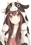  akagi_(kantai_collection) animal_costume brown_eyes brown_hair collarbone cow_costume hiiragi_hajime hood hoodie kantai_collection long_hair looking_at_viewer pajamas simple_background sleeves_past_wrists smile solo white_background 