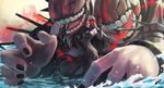  bare_shoulders battleship_water_oni black_dress black_gloves black_hair chain dress elbow_gloves gloves glowing glowing_eyes highres horn kantai_collection long_hair ocean red_eyes sima_naoteng solo strapless strapless_dress turret very_long_hair water 
