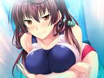  1girl bathroom blush breast_hold breasts brown_hair collarbone erect_nipples female game_cg highres large_breasts leaning_forward legs long_hair looking_at_viewer marushin_(denwa0214) orange_eyes shinohara_katsumi shower smile solo standing supokon!_sports_wear_complex swimsuit thighs 