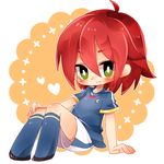  arm_support blush chibi green_eyes heart inazuma_eleven inazuma_eleven_(series) inazuma_japan kiyama_hiroto male_focus nyaco red_hair simple_background sitting soccer_uniform socks solo sportswear white_background 