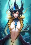  alternate_eye_color breasts center_opening citemer cleavage helmet highres large_breasts league_of_legends long_hair looking_at_viewer mermaid midriff monster_girl nami_(league_of_legends) navel red_eyes scales solo staff 