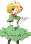  alternate_costume blonde_hair creamer_(vessel) cup enmaided hair_ribbon jagabutter maid maid_headdress pantyhose red_eyes ribbon rumia saucer smile solo teacup teapot touhou 