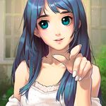  aqua_eyes bare_shoulders blue_hair bush collarbone fingernails hands lips long_fingernails long_hair looking_to_the_side nail_polish original parted_lips pink_lips pointing round_teeth smile soemy solo teeth white_nails window 