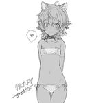  2015 alternate_breast_size animal_ears armlet arms_behind_back bad_id bad_twitter_id bandeau bangs bikini character_name collar cowboy_shot dated dungeon_ni_deai_wo_motomeru_no_wa_machigatteiru_darou_ka flat_chest greyscale hair_between_eyes heart inactive_account liliruca_arde looking_at_viewer monochrome navel ooyari_ashito petite short_hair side-tie_bikini signature sketch smile solo spoken_heart swimsuit 