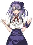  blue_eyes breasts d_kurouri dagashi_kashi high-waist_skirt large_breasts long_hair nail_polish open_mouth purple_hair shidare_hotaru shirt simple_background skirt solo suspender_skirt suspenders white_shirt 