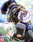  absurdres blue_eyes brown_hair corona_timir detached_sleeves einhart_stratos fingerless_gloves gloves green_hair highres lyrical_nanoha mahou_shoujo_lyrical_nanoha_vivid multiple_girls non-web_source official_art twintails 