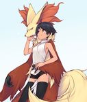  black_hair brown_eyes dark_skin delphox fur gradient gradient_background pokemon pokemon_(game) pokemon_xy serena_(pokemon) short_shorts sleeveless smile thighhighs utsugi_(skydream) zettai_ryouiki 