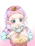  blue_eyes blush bowl child eating food hat highres pointy_ears princess_zelda solo spoon stew sweat the_legend_of_zelda the_legend_of_zelda:_ocarina_of_time wasabi_(legemd) young_zelda younger 