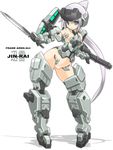  :o c-string dual_wielding frame_arms_girl full_body grey_eyes headgear highres holding holding_sword holding_weapon jinrai_(frame_arms_girl) karukan_(monjya) long_hair mecha_musume navel open_mouth outline ponytail silver_hair solo standing sword weapon 
