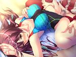  1girl armpits blush breasts brown_hair censored clothed_sex cum cum_on_body cum_on_hair cum_on_upper_body facial highres large_breasts legs long_hair lying marushin_(denwa0214) mosaic_censoring orange_eyes penis sex shinohara_katsumi solo_focus spread_legs supokon!_sports_wear_complex swimsuit thighs towel vaginal 
