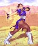  black_hair boots bun_cover capcom chinese_clothes chun-li double_bun eddie_holly eyeshadow fighting_stance full_body high_heel_boots high_heels lipstick looking_at_viewer makeup pantyhose smile solo spiked_bracelet street_fighter thigh_boots 
