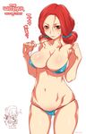  1girl absurdres adjusting_clothes adjusting_swimsuit bikini blush breasts brown_eyes cleavage geralt_of_rivia half_updo highres large_breasts long_hair looking_at_viewer micro_bikini mudou_eichi navel red_hair short_hair sweatdrop swimsuit the_witcher the_witcher_3 translation_request triss_merigold 