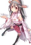  bad_id bad_pixiv_id black_hair brown_eyes character_name detached_sleeves hairband haruna_(kantai_collection) highres hip_vent japanese_clothes kantai_collection long_hair nontraditional_miko saraki solo standing thighhighs 