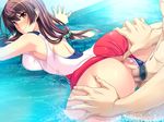  1girl anus ass ass_grab back blush breasts brown_hair censored clothed_female_nude_male floating game_cg highres large_breasts legs long_hair looking_back marushin_(denwa0214) mosaic_censoring naughty_face orange_eyes penis pool pussy sex shinohara_katsumi smile supokon!_sports_wear_complex sweat swimsuit thighs vaginal water wet wet_clothes 