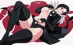  1girl black_hair breasts cleavage female fur_trim jacket large_breasts looking_at_viewer merlin_(nanatsu_no_taizai) nanatsu_no_taizai navel nisego no_bra on_back simple_background smile solo thighhighs 