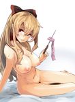  arm_support blonde_hair blush breasts broken_condom condom condom_packet_strip condom_wrapper granblue_fantasy hair_ribbon iwasaki_takashi jpeg_artifacts large_breasts long_hair long_legs looking_at_viewer nipples nude parted_lips red_eyes ribbon seductive_smile sitting smile solo sweat vira_lilie yokozuwari 