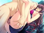  1girl ass ass_grab bikini blush breasts brown_hair censored clothed_female_nude_male eyes_closed game_cg highres large_breasts leg_up legs long_hair marushin_(denwa0214) mosaic_censoring open_mouth penis pussy sex shinohara_katsumi solo_focus supokon!_sports_wear_complex suspended_congress sweat swimsuit thighs tsuji_tatsuya vaginal 