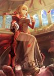  1girl absurdres aestus_estus ahoge arcade_(architecture) arch arena bad_revision banner blonde_hair blood bloody_clothes bloody_dress braid breasts colosseum day dress fate/extra fate/stay_night fate_(series) from_below good_guys_win green_eyes hair_ribbon hand_on_hilt highres impaled indoors juliet_sleeves large_breasts layered_dress long_sleeves looking_away md5_mismatch nero_claudius_(fate) nero_claudius_(fate)_(all) open_mouth pillar planted_sword planted_weapon puffy_sleeves red_dress ribbon see-through solo_focus stepped_on sword weapon white_dress xiaoyin_li 