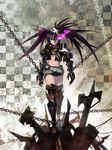  armor armored_boots belt bikini_top black_hair black_rock_shooter boots burning_eye cancer_(zjcconan) chain chained chained_wrists choker claws expressionless fire front-tie_top gauntlets highres insane_black_rock_shooter jacket long_hair looking_at_viewer midriff navel open_clothes purple_eyes purple_fire ringed_eyes short_shorts shorts solo star torn_clothes twintails 