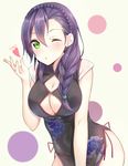  ;o braid breasts china_dress chinese_clothes cleavage_cutout dress green_eyes hair_over_shoulder heart hiiragi_hajime large_breasts leaning_forward long_hair love_live! love_live!_school_idol_project md5_mismatch no_bra no_panties one_eye_closed purple_hair single_braid smile solo toujou_nozomi 