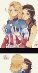  2girls absurdres avengers bad_id bad_pixiv_id black_hair blonde_hair blue_eyes blush breast_grab breasts brown_eyes captain_america cheek_pinching commentary genderswap genderswap_(mtf) grabbing grabbing_from_behind heart highres marvel medium_breasts multiple_girls pinching qin_(7833198) spoken_heart steve_rogers tony_stark translation_request yuri 