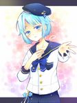  blue_eyes blue_hair blush ensemble_stars! hat kage_no_utage male_focus sailor_collar sailor_hat school_uniform shino_hajime smile solo 