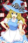  :d apron blonde_hair blue_eyes bow breasts card checkered checkered_background cosplay dress hand_on_hip hat hat_bow index_finger_raised kirisame_marisa kirisame_marisa_(cosplay) looking_at_viewer open_mouth playing_card smile solo sparkle touhou umineko_no_naku_koro_ni ushiromiya_jessica witch_hat yuumare 